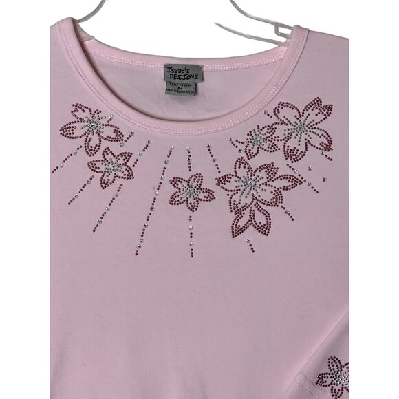 Isaac's Designs Pink Long Sleeve Shirt W/ Floral Rhinestones M Combed Cotton - Picture 2 of 10